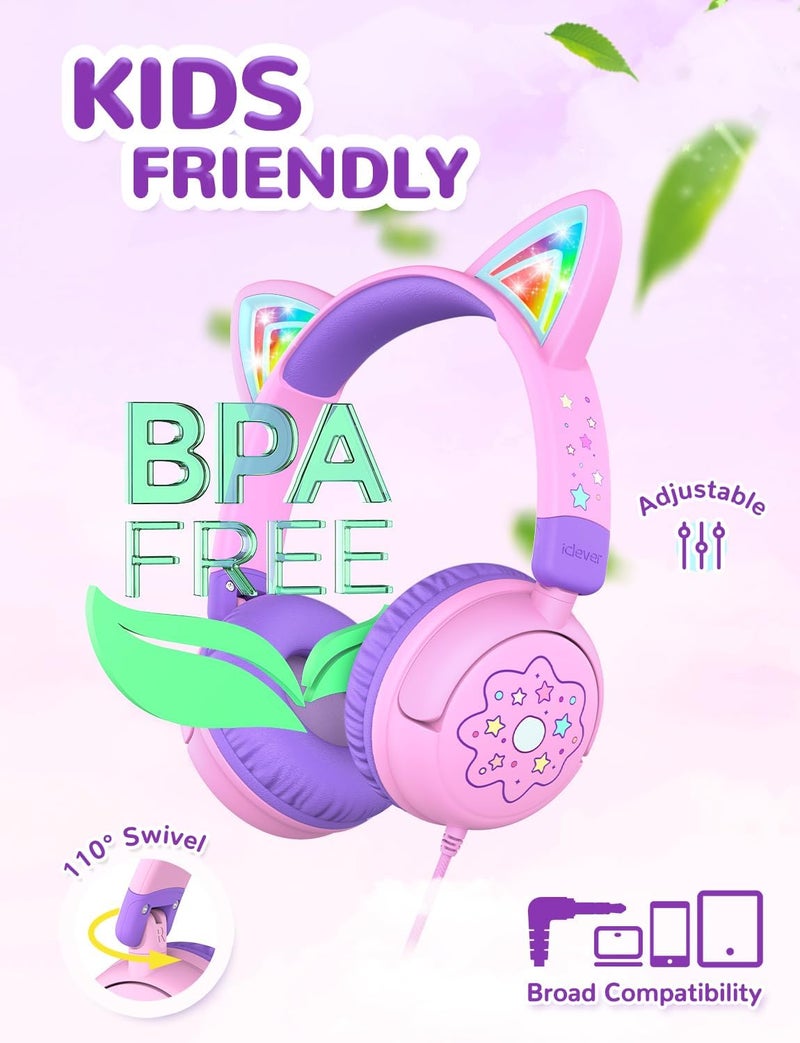 iClever Kids Headphones Cat Ear, LED Light Up, 85dBA Safe Volume, Stereo Sound Toddler Headphones for Travel School, Foldable 3.5mm Wired Kids Headphone for iPad Tablets, Meow Lollipop -Pink - Image 4